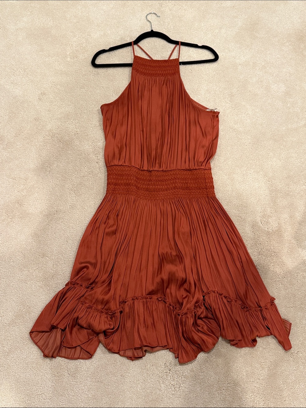 Halston Rust Halter Smocked Waist Pleated Dress